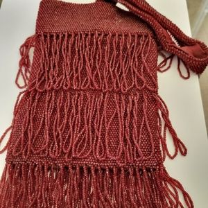 Antique maroon beaded purse 10" with short strap